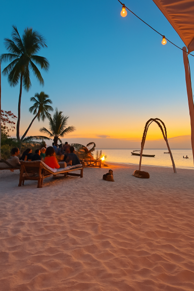 Strand mit Palmen, gemütlichen Sitzen und einem Sonnenuntergang am Horizont.