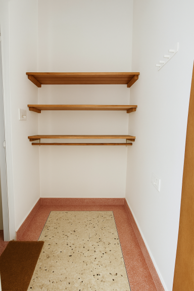 Leerer Raum mit drei Holzregalen an einer weißen Wand und einem Teppichboden.