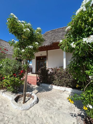 Tropisches Ferienhaus mit blühendem Garten und klarem blauen Himmel.